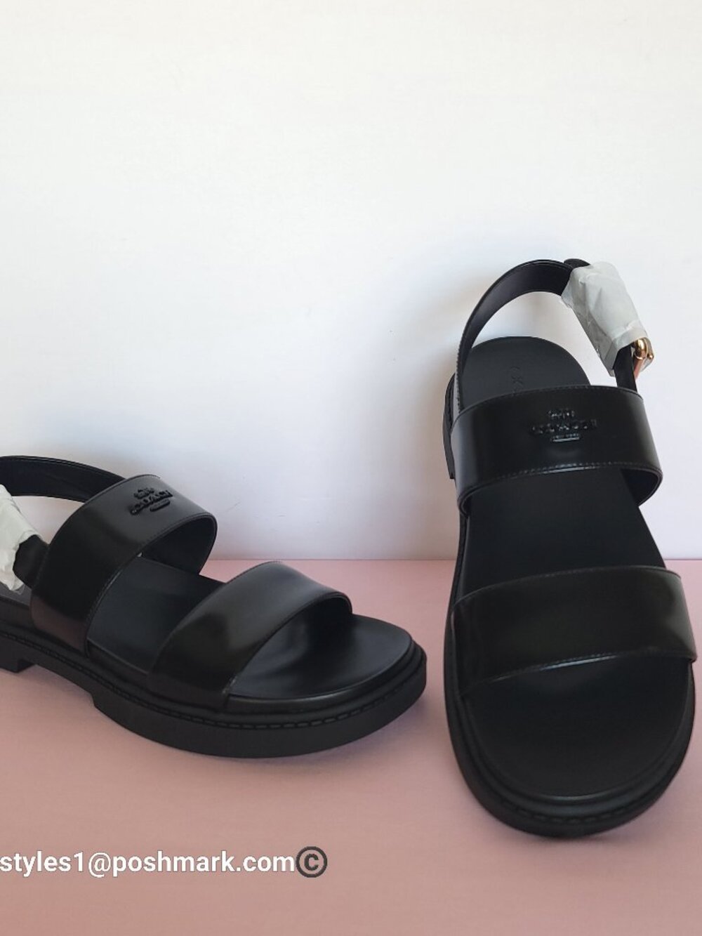 COACH Lockup Two Band Spazzolato Leather Sandals - Black color. Women's US 8.5B⭐ - Picture 3 of 16
